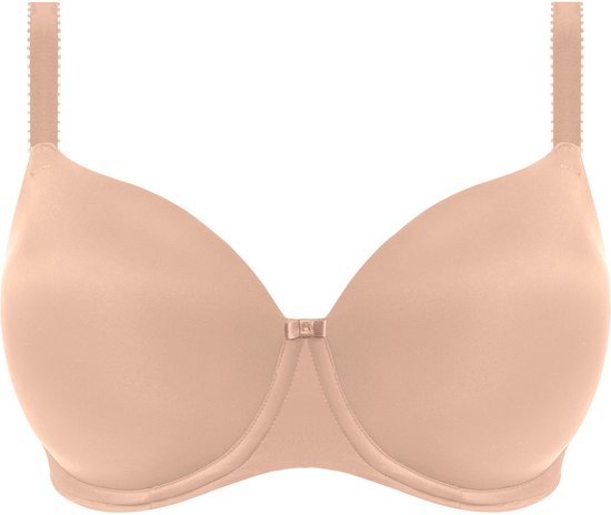 Nude-kleurige t-shirt beha met gladde cups en een strikje in het midden.