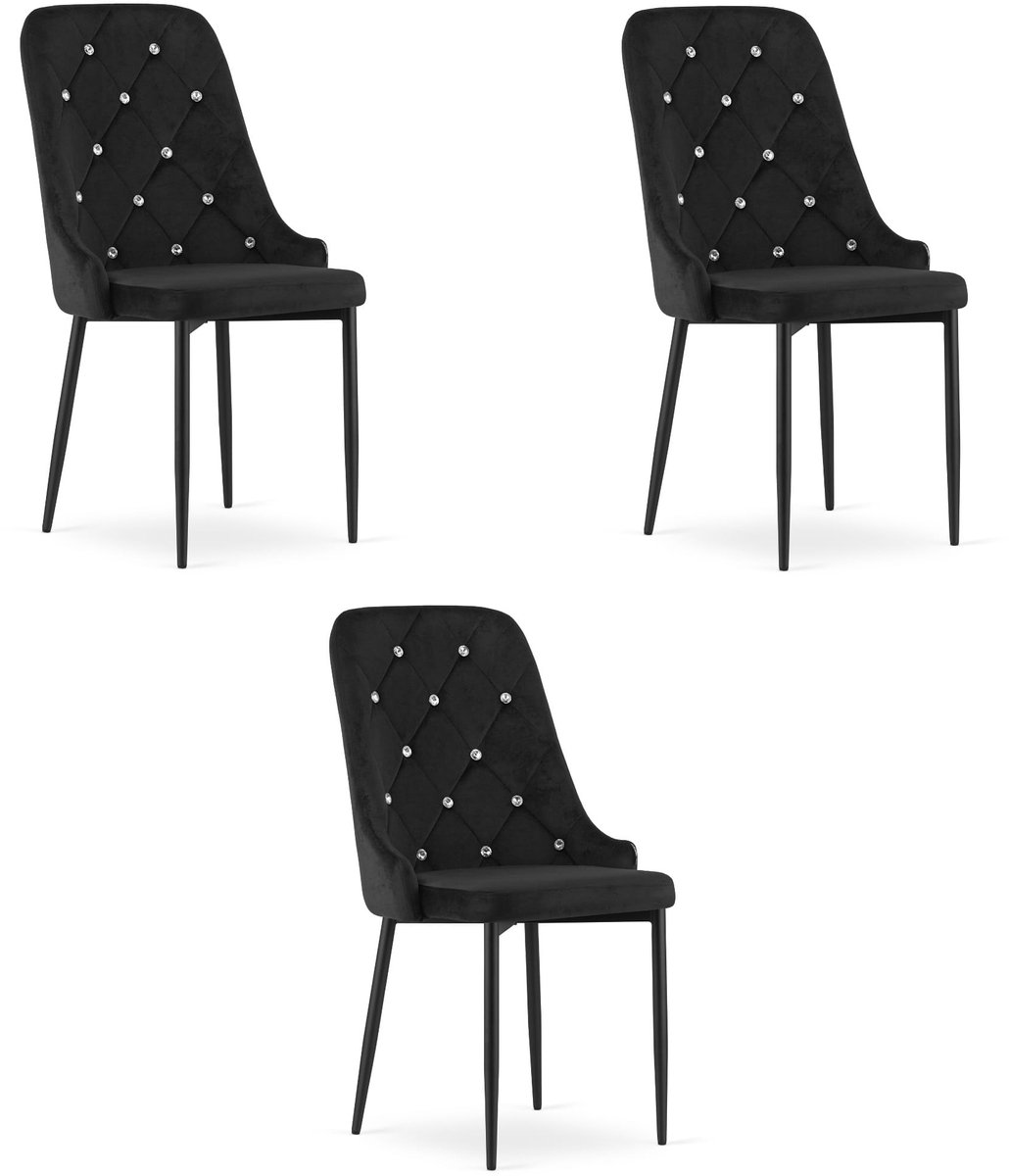AMORE Velvet Design Stoelen – Set van 3 – Zwart Fluweel – Verstelbare Zwarte Poten – Modern & Ergonomisch – Max. 120 kg