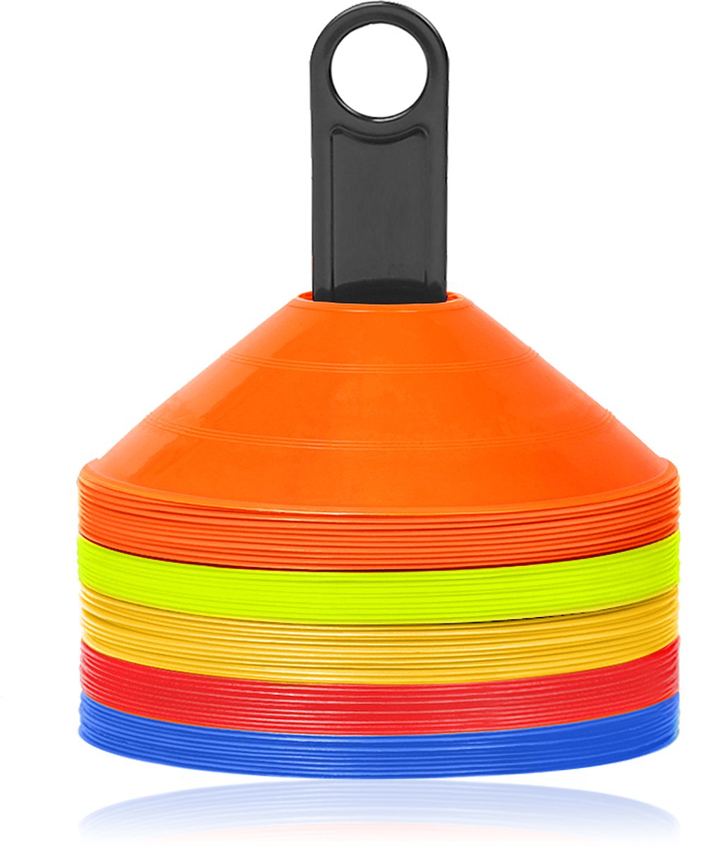Aufun Markeerkegels 50 Stuks Sportkegelset Markeerplaatjes Incl. Houder Voor Training Bij Voetbal, Hockey, Handbal Voor CoöRdinatie En Behendigheid