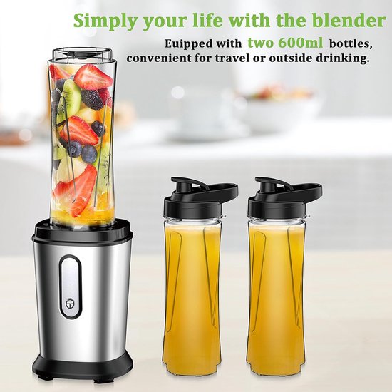 Mini Blender - Smoothie Maker - Gezonde Drankjes Maken - Krachtige 500W Motor - 2x 600ml Flessen - Zilver van MINI — afbeelding 4