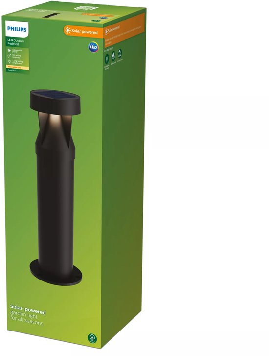 Verpakking van een zwarte Philips Avery zonne-tuinlamp met een vierkant zonnepaneel en warm witte verlichting.