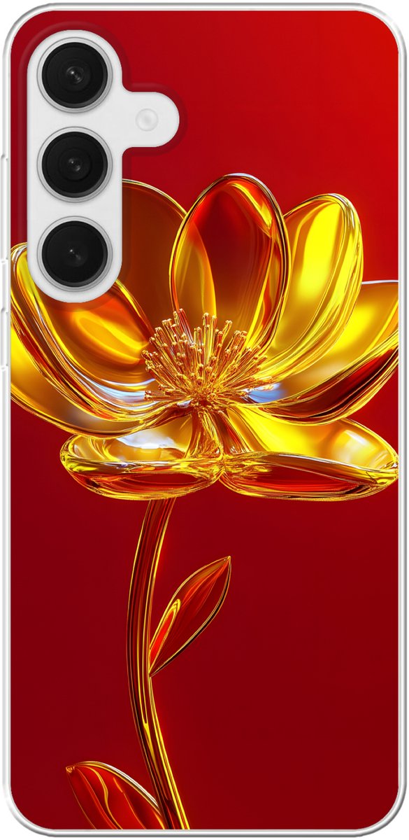 Telefoonhoesje Geschikt voor Samsung Galaxy S25 Plus hoesje - Bloem - Goud - Glazen - Siliconen Telefoonhoesje Telefoonhoesje