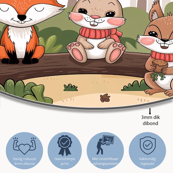 Schattige bosdieren in illustratie - Dieren schilderij rond - Wandbord natuur - Digital Art - Dibond wandcirkel - Kantoor decoratie - muurcirkel aluminium 100x100 cm