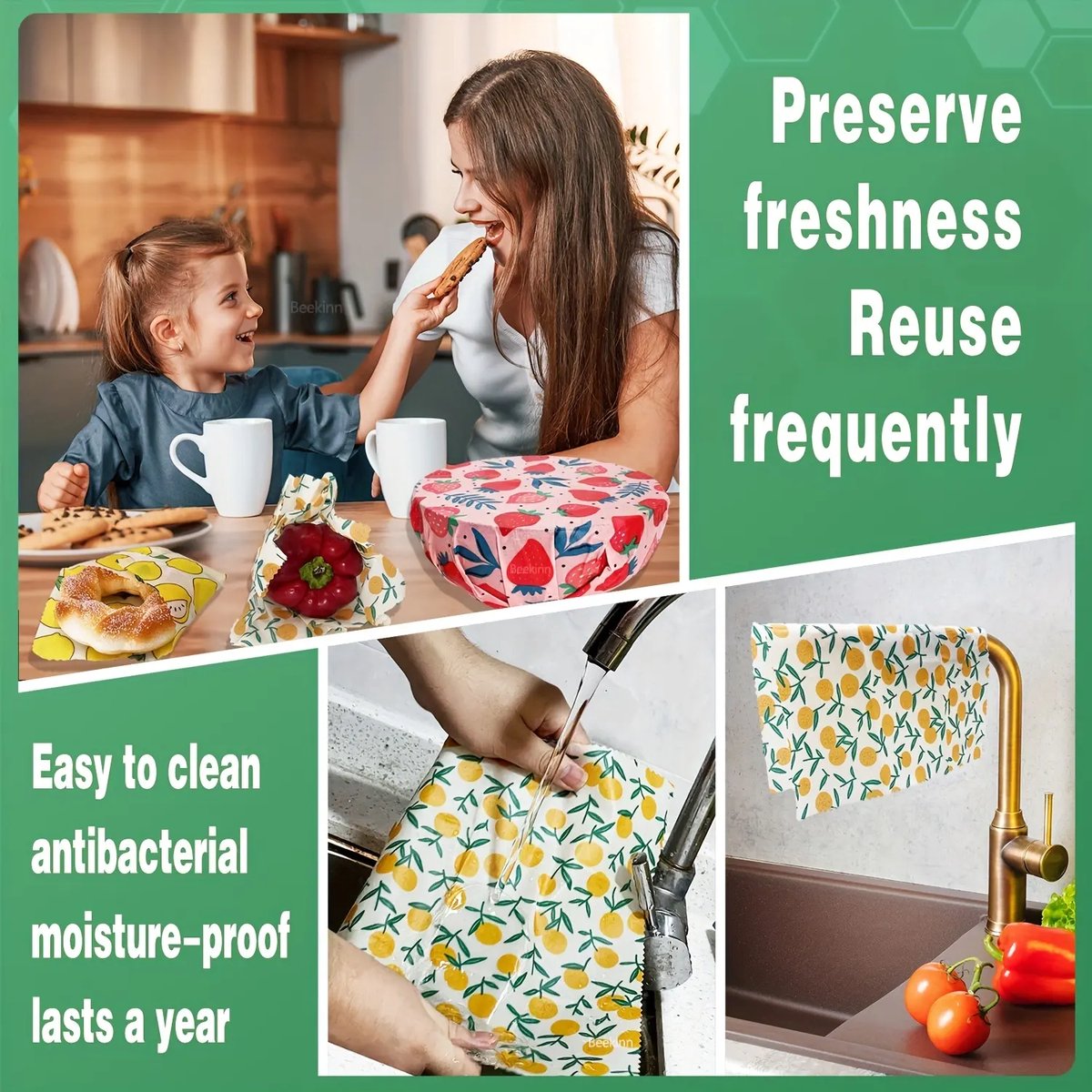 Bijenwas Wraps Set van 3 - Bijenwas Doeken - Citroenen - Beeswax Wraps - Herbruikbaar - Bee Wrap - Beewax - Bijenwasdoek - Zero Waste - Duurzaam - Food Wrap - Food Storage - Sustainable - Katoen - Cotton — cadeau in Kookcadeaus - foto 4