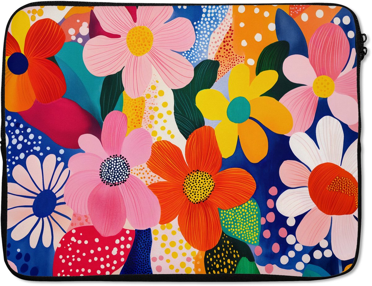 Laptophoes 15.6 inch - Bloemen - Kleurrijk - Stippen - Laptop sleeve - Binnenmaat 37x26 cm - Zwarte achterkant