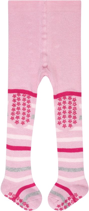 Roze panty met gestreepte benen in wit, roze, rood en grijs. Antislip sterren op de knieën en voeten.