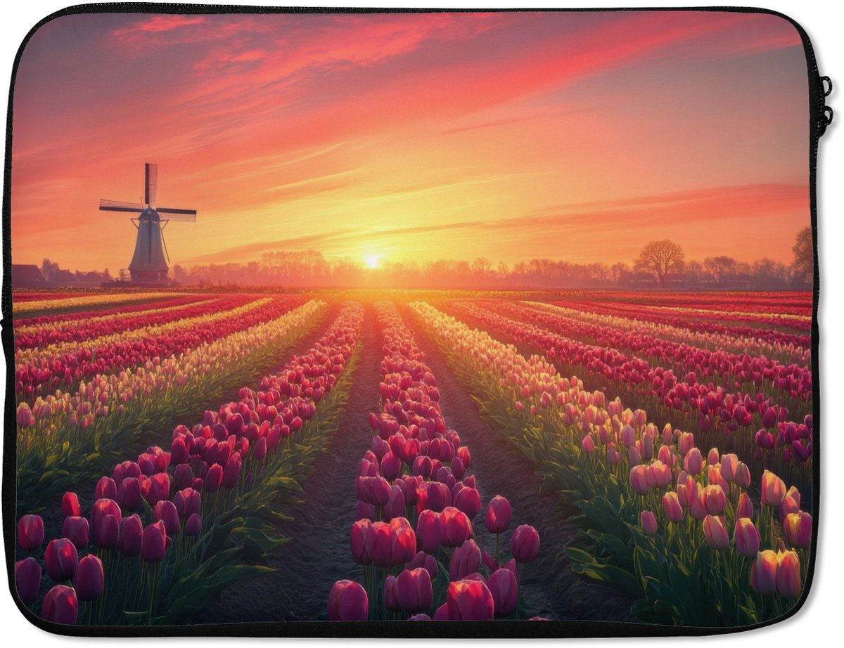 Laptophoes 15.6 inch - Windmolen - Zonsondergang - Landschap - Laptop sleeve - Binnenmaat 37x26 cm - Zwarte achterkant