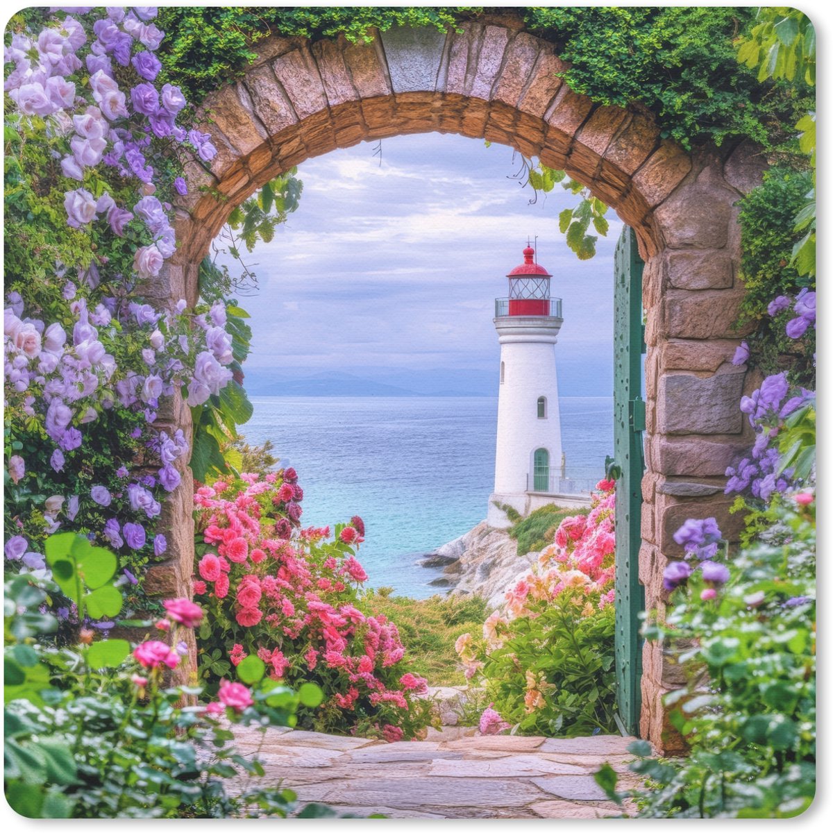 Muismat 30x30 cm - Mousepad Doorkijk - Vuurtoren - Bloemen - Uitzicht - Muismatten
