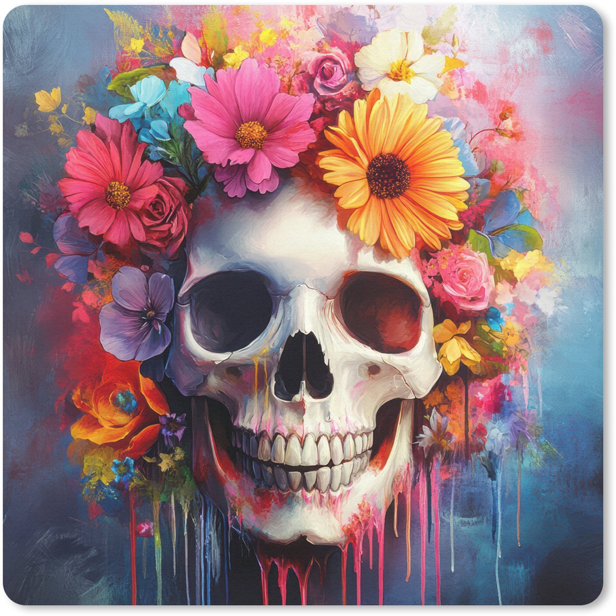 Muismat 20x20 cm - Mousepad Schedel - Bloemen - Doodshoofd - Kleurrijk - Muismatten