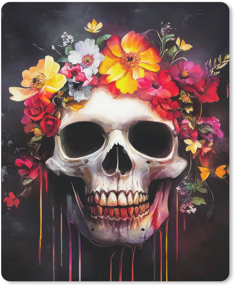 Muismat 19x23 cm - Mousepad Schedel - Bloemen - Doodshoofd - Bloed - Kleurrijk - Muismatten