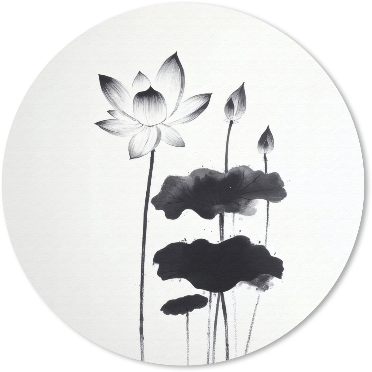 Muismat rond 40x40 cm - Mousepad Bladeren - Zwart - Lotusbloem - Minimalitisch - Ronde muismatten