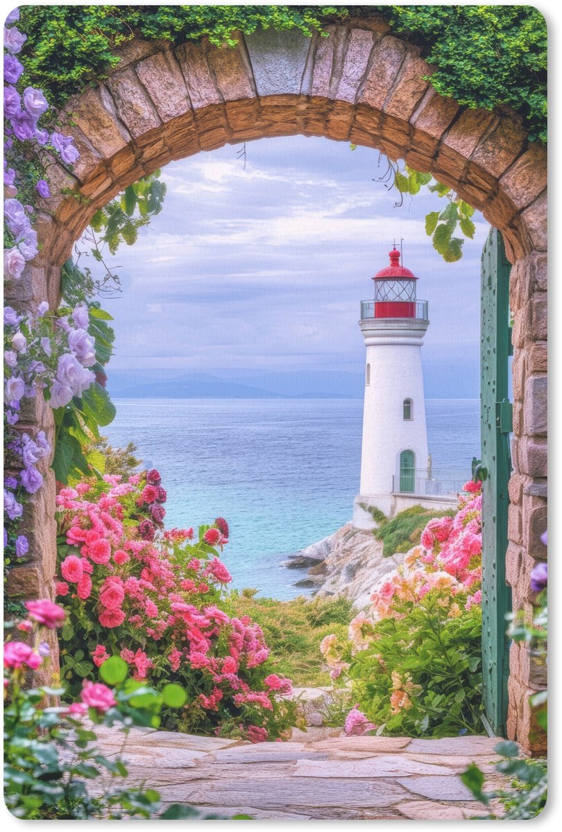 Muismat 18x27 cm - Mousepad Doorkijk - Vuurtoren - Bloemen - Uitzicht - Muismatten