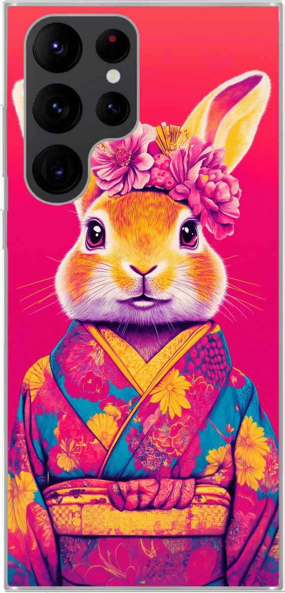 Telefoonhoesje Geschikt voor Samsung Galaxy S22 Ultra hoesje - Konijn - Bloemen - Kleurrijk - Kimono - Siliconen Telefoonhoesje Telefoonhoesje