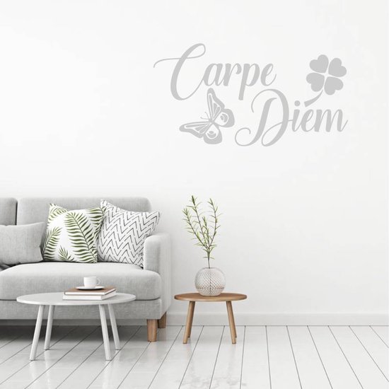 Sticker Muursticker Carpe Diem Avec Papillon Et Trèfle à Quatre Feuilles - Gris Foncé - 160 x 80 cm - Salon Chambre Textes Anglais - Muursticker4Sale