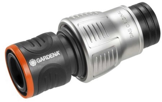 Zilverkleurige slangkoppeling met Gardena logo en 'DAS ORIGINAL'