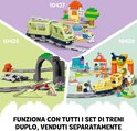 LEGO Duplo treinsets met groene trein, station met oranje bruggen en gele trein met hijskraan.