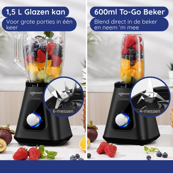 Safecourt Kitchen Blender - 1,5L Glas & 600ml To-Go beker - 1300W Smoothie maker - Krachtig, stil en eenvoudige reiniging