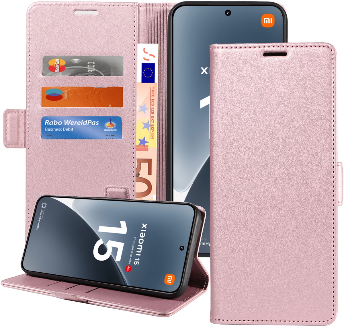 Book Case geschikt voor Xiaomi 15 Hoesje - Magnetische Sluiting - Portemonnee Rose