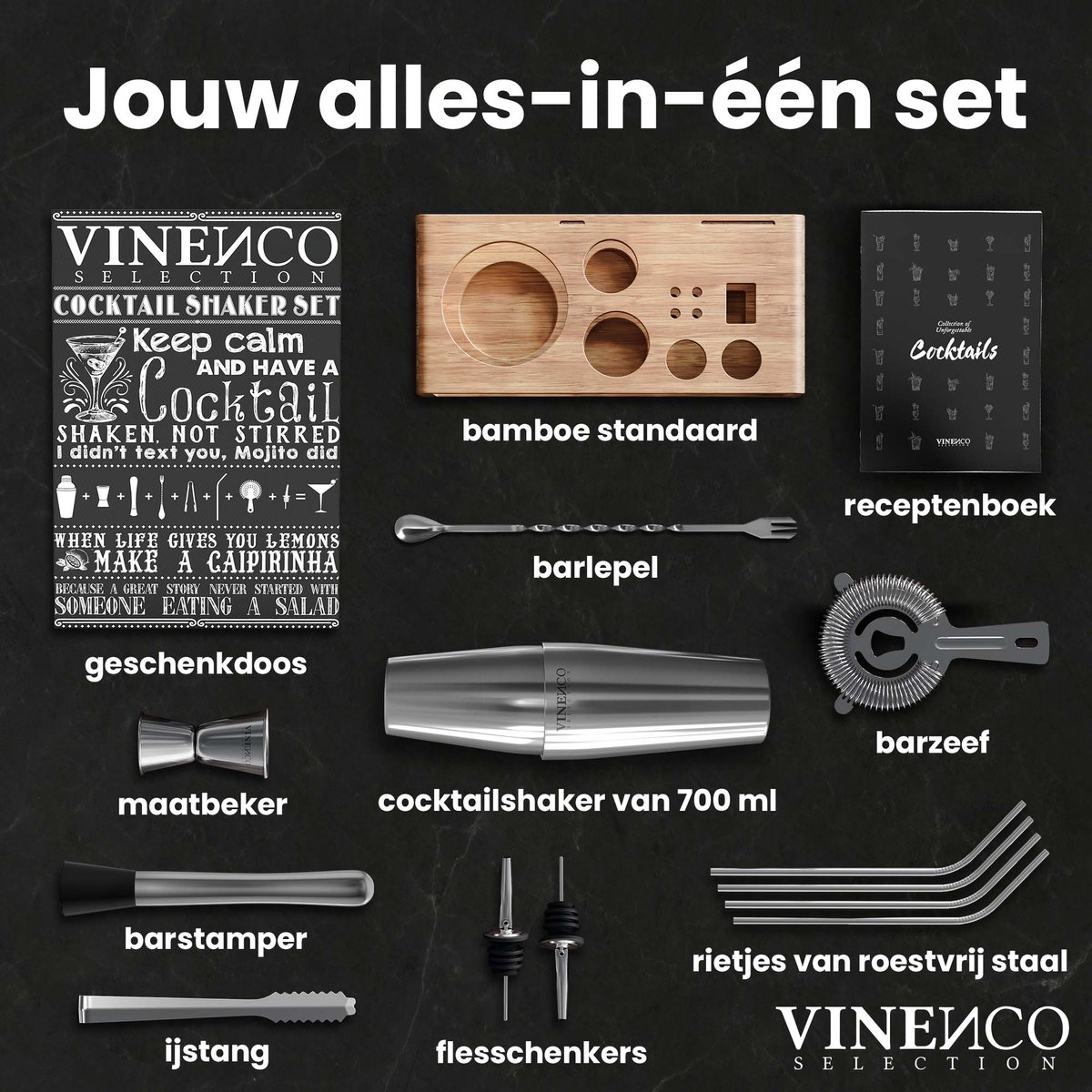 VINENCO Cocktailshaker Set Boston met Houten + Recepten Boek: 13 Delig RVS Staal Premium Barkeeper Kit | Prof Cocktail Shaker Bar Accessoires Martini Gin Mojito Longdrinks Party Verjaardag Cadeau Man Vrouw — cadeau in Kookcadeaus - foto 6