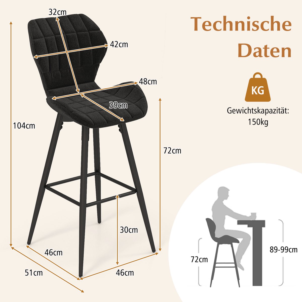 COSTWAY 2-delige Set Barstoelen, Barstoel met Voetensteun, Keukenstoel tot 150 kg, Bistro Barstoelen voor Thuis
