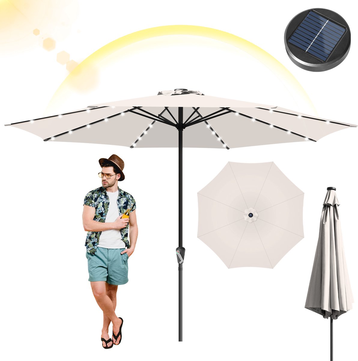 Beige 3.5m Water Resistant LED Patio Parasol with Brandless Logo.