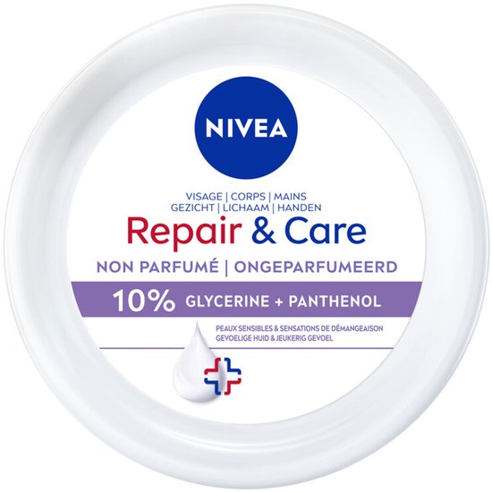 Bovenaanzicht NIVEA Repair & Care pot met 'NON PARFUMÉ ONGEPARFUMEERD' en 10% GLYCERINE + PANTHEOL.