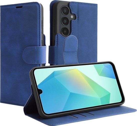 Blauw telefoonhoesje, geopend met telefoon in staande modus.