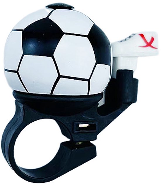 Zwarte en witte fietsbel in de vorm van een voetbal met een zwarte houder.