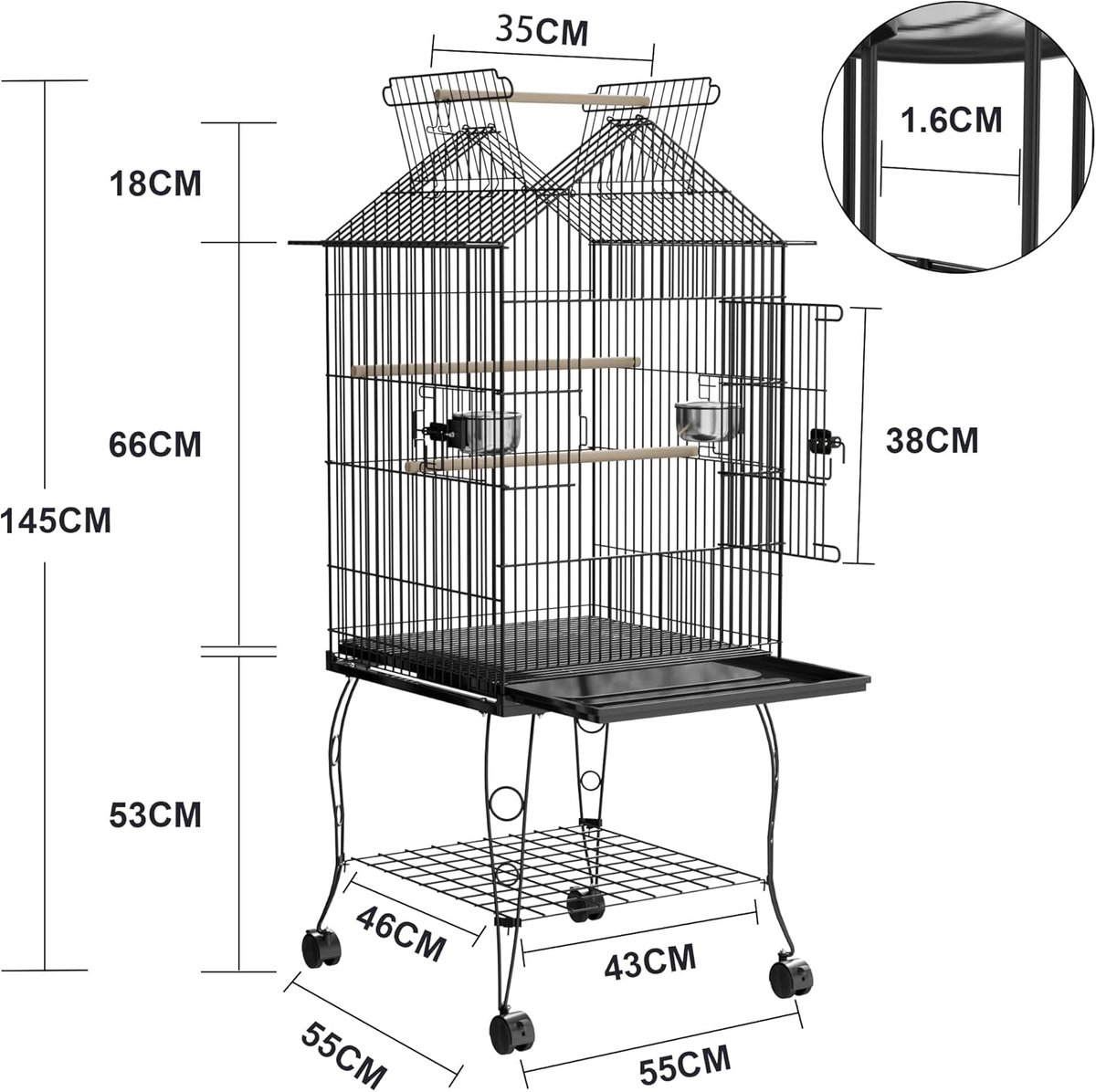 NAIZY Metalen vogelkooien 55x55x145cm parkietenkooi met rustende houten balk valkparkieten vogelkooi bouwer Draagbare vogelvolière met dakraam, deur, voederbak, uitneembare lade & wielen thumbnail 4