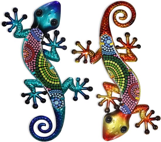 Metalen Gekko Wanddecoratie 4-pack 8cm Hagedis Buitendecoratie Hangende Glazen Sculptuur Decoratie voor Tuinhek Huis