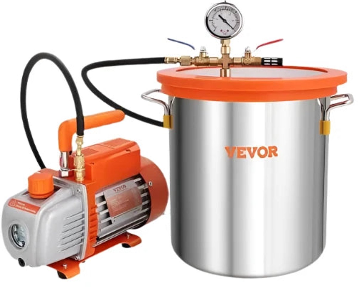 Vacuümpomp - Koelmiddel Vacuümpomp - Gereedschap voor koeling - 3.5CFM Vacuümpomp - Oranje - enkeltraps - 5 Gallon Vacuümkamer - Deksel van gehard glas - voor het stabiliseren van houtontgassende Siliconen Epoxie