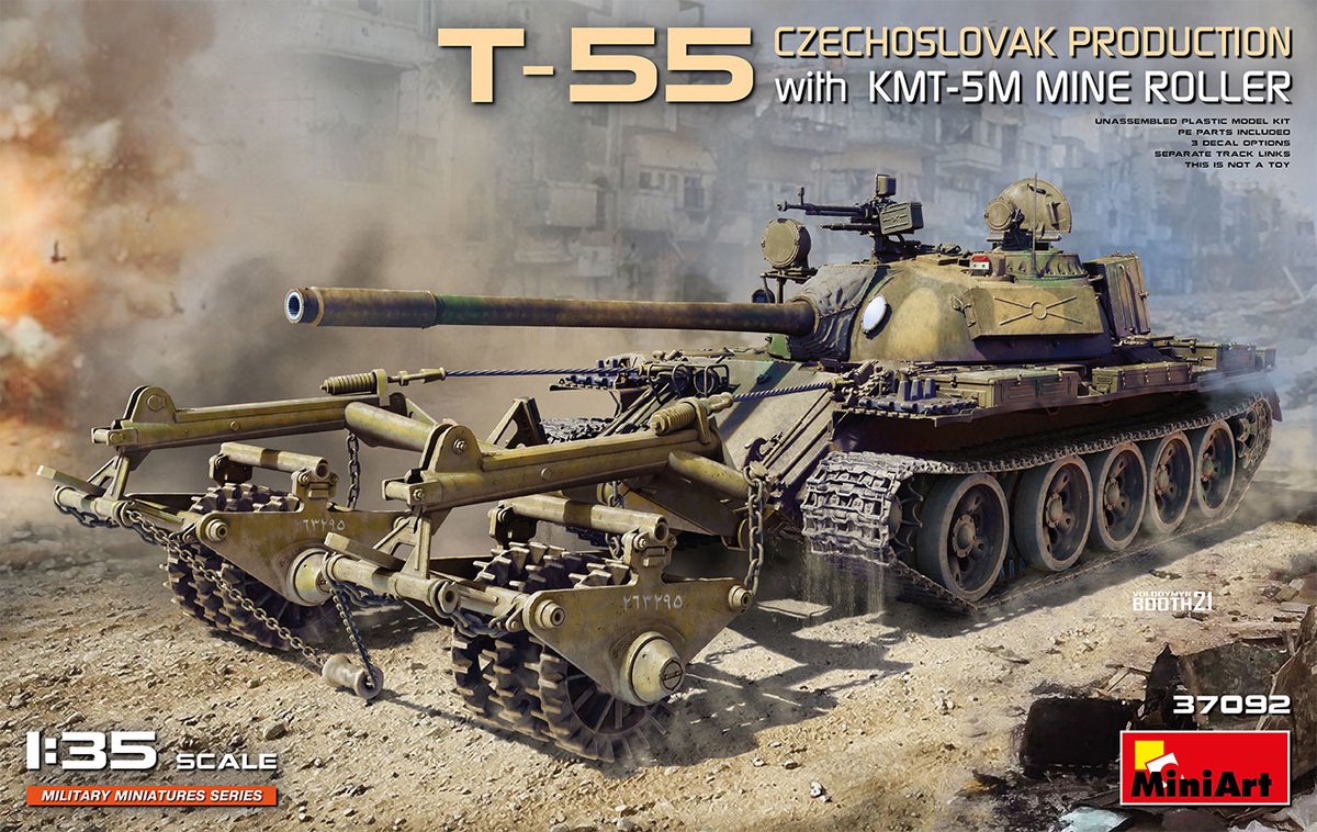 MiniArt Modelbouwpakket Militaire voertuigen - 37092 T-55 Czechoslovak Prod. w/KMT-5M Mine Roller Plastic - 1:35 - Modelbouw