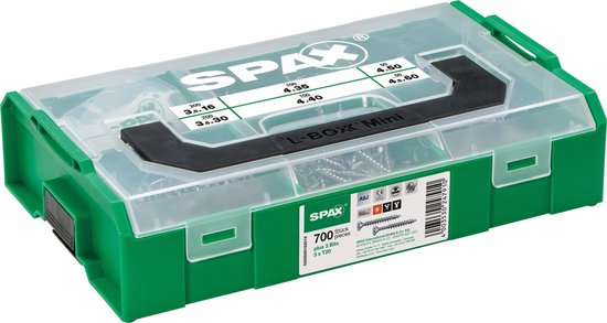 Coffret de montage SPAX, L-BOXX Mini, petit, WIROX A9J, T-STAR plus, tête fraisée, 6 tailles, 703 pièces, avec 3 embouts SPAX T20 et mètre pliant SPAX - 5000009160049