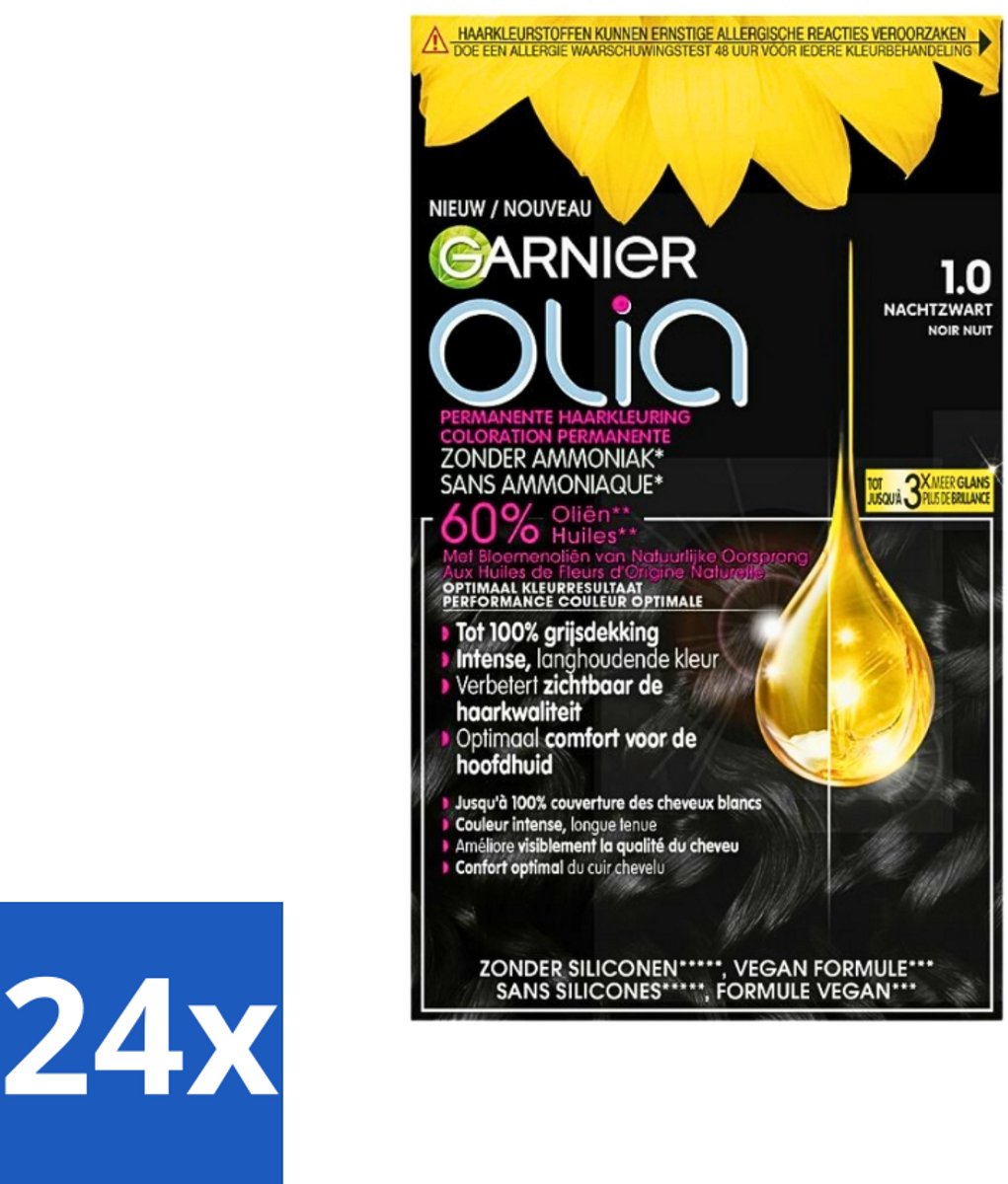 Garnier - Olia 1 - Haarkleuring - Zwart - Zonder Ammoniak - Intense Langhoudende Kleur - 100% Grijsdekking - Voordeelverpakking - 24 stuks
