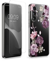 Coque de téléphone kwmobile compatible avec Samsung Galaxy A56 5G - Coque pour smartphone - Protection d'écran en verre - Motif fleurs et roses