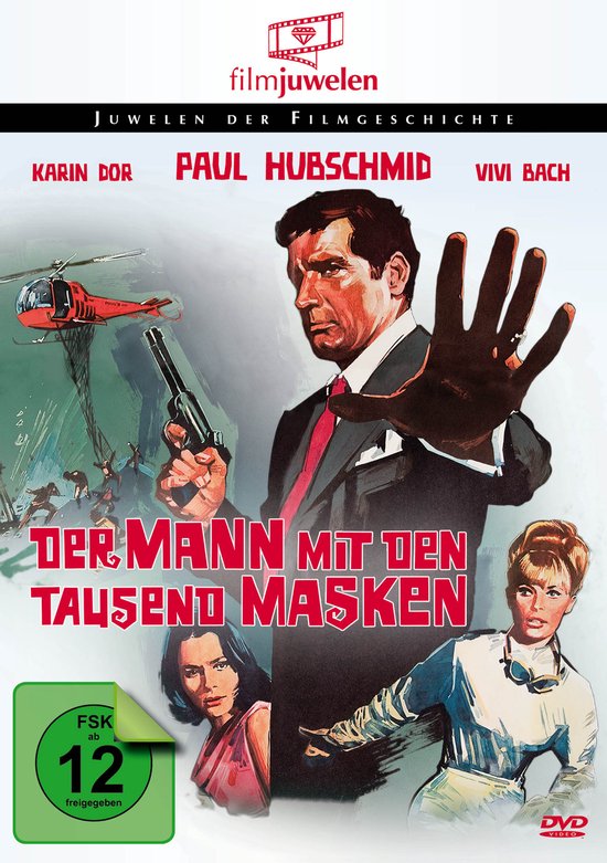 Filmposter van Der Mann mit den tausend Masken met getekende beelden van acteurs, een helikopter en FSK 12-sticker.