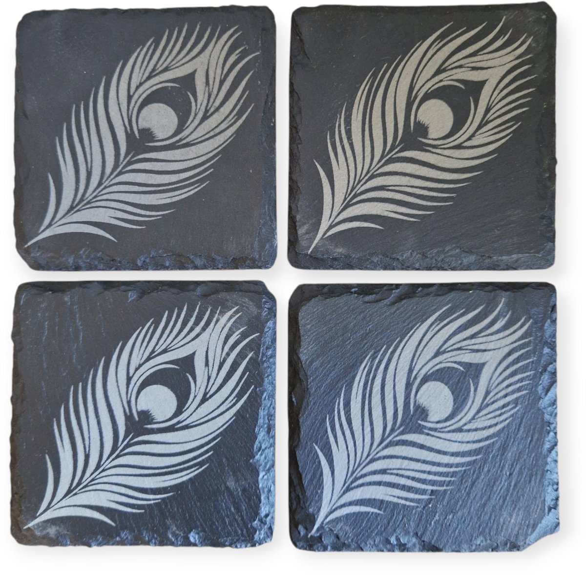 Spant7 - Leisteen onderzetters - Set van 4 - Pauwenveer - 10x10cm