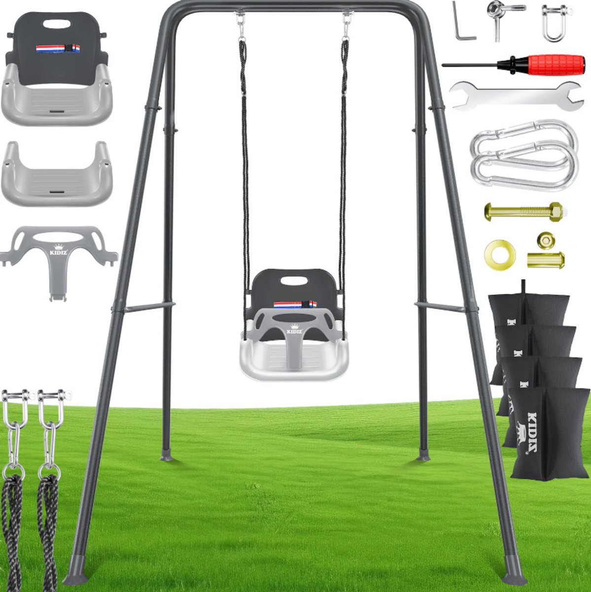 Balançoire Bébé Extérieur En Bois - Cadre Marron, Siège Gris/blanc - Pour Enfants 9 à 36 Mois, 50kg Max - Sécurité Renforcée
