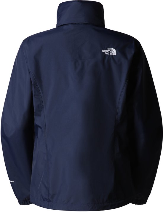 Donkerblauwe The North Face jas, achterkant. Logo op linker schouderblad.