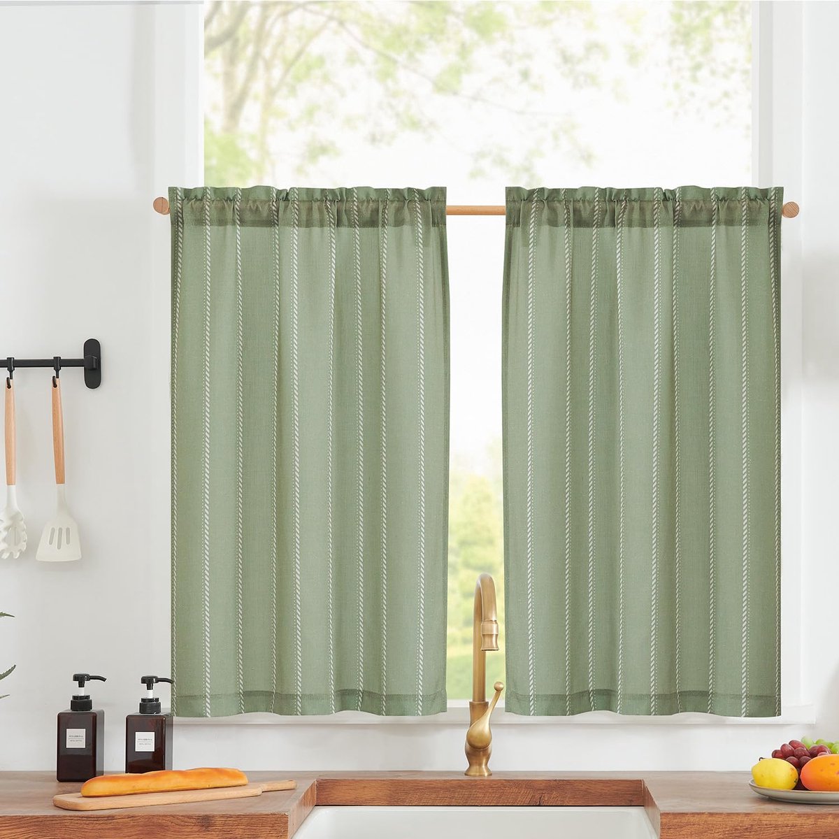 Unyqoos Luxe Linnenlook Gestreepte Gordijnen voor Keuken en Woonkamer, Lichtfilterend, Set van 2, Groen, 65 x 90 cm