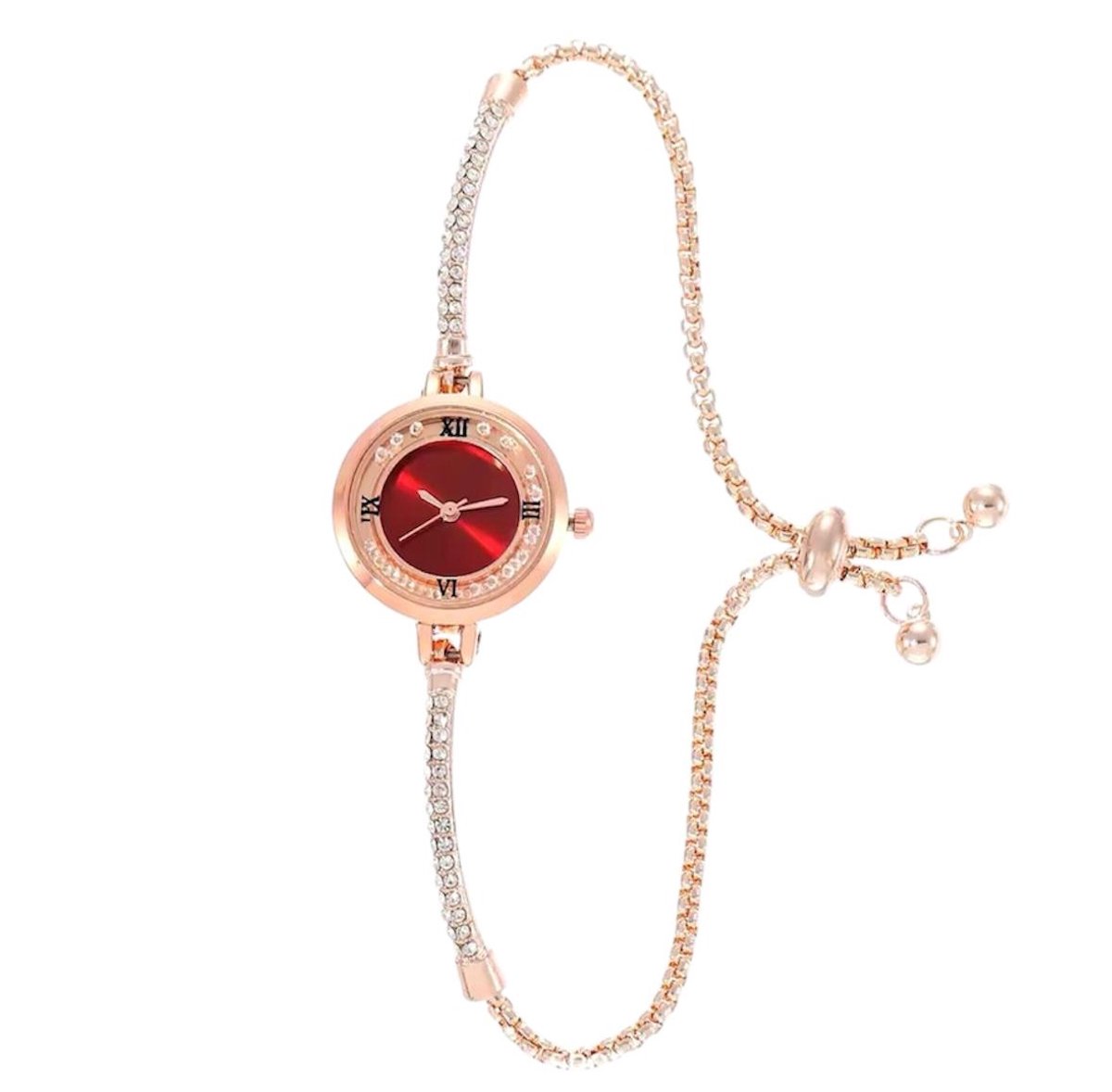 Luxe Dameshorloge - Als Rosé Armband - Rosé Goud Rood met Diamonds - RVS