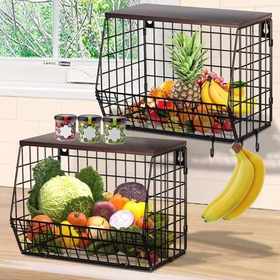 Hangende Fruitmand Keukenorganizer Met Houten Deksel - Fruit Groente Mand Klein