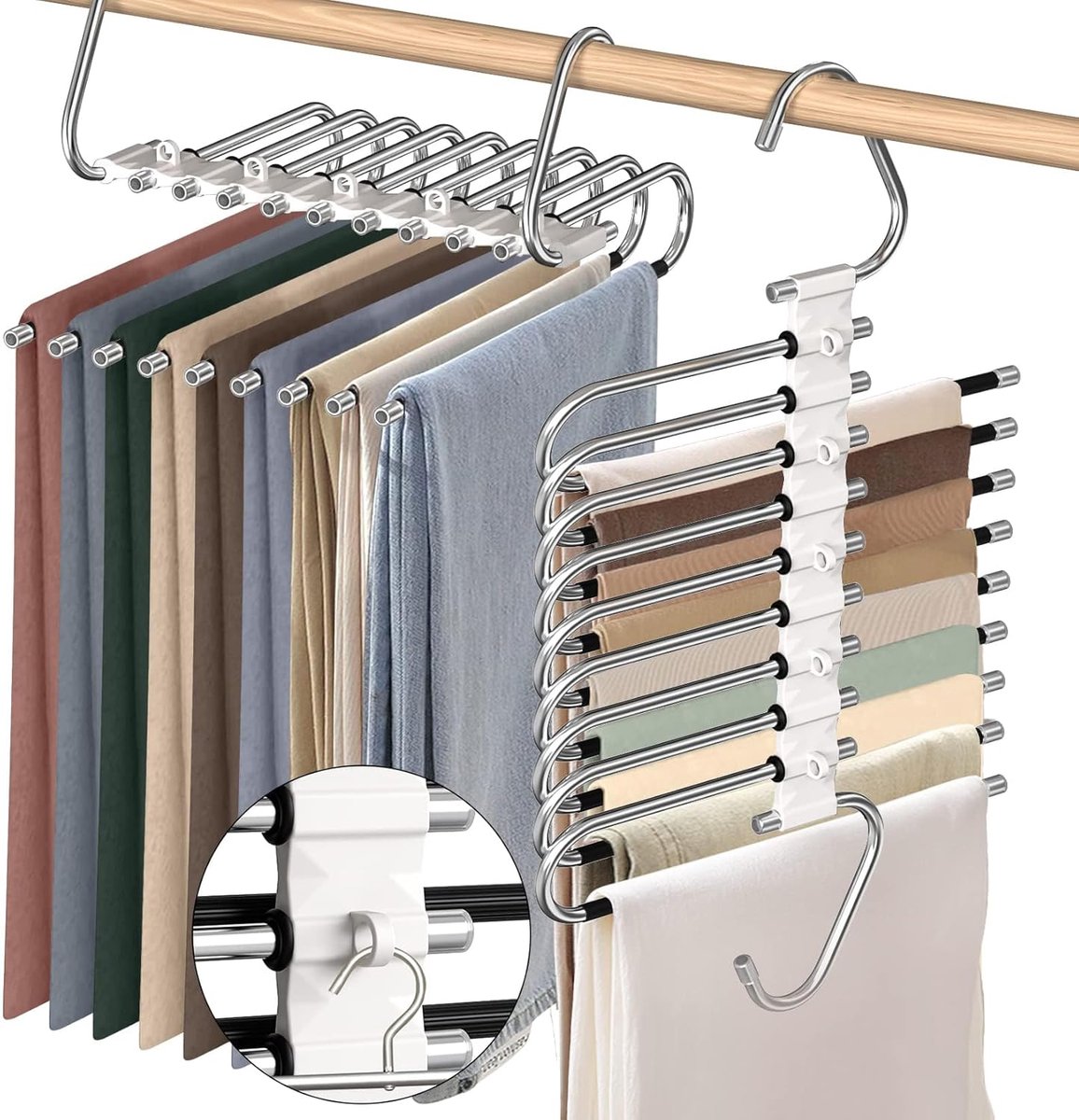 2 stuks broekhangers, ruimtebesparend, kleerhangers voor broeken, jeans, sjaals, beenkappen, handdoeken, stropdassen (9 lagen kledingstangen per stuk)
