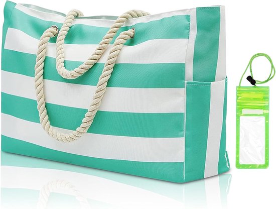 Sac de plage XXL-famille, sac de plage rayé femme grand avec fermeture éclair, sac de plage imperméable et résistant au sable, sac fourre-tout pliable, sac de bain pour voyage à la plage