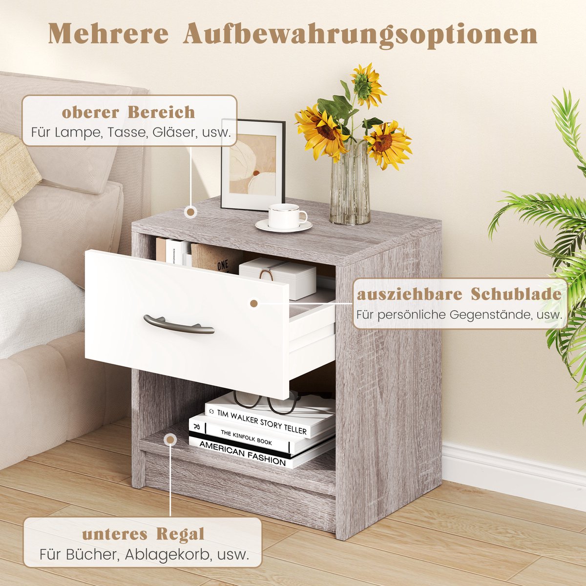 COSTWAY Nachtkastje met 2 laden, kleine bijzettafel, nachtkastje