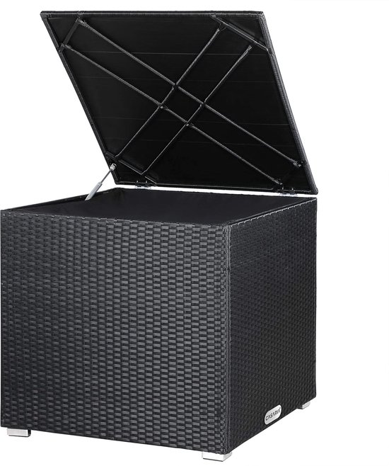 Casaria Kussenbox 318 L met Deksel 75x75x70cm Waterdichte Gasveer Tuinopslagbox Balkonkist Wasbaar Polyrattan Zwart