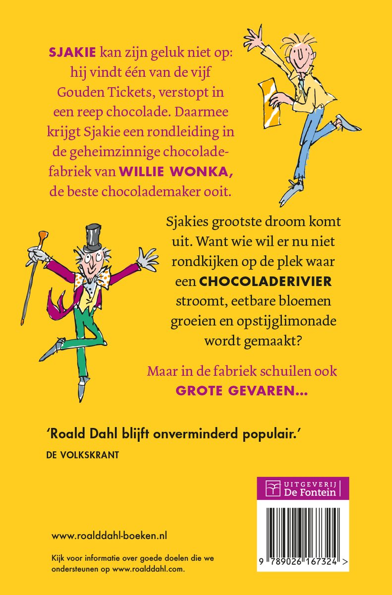 Rug van 'Sjakie en de chocoladefabriek'. Willy Wonka met top/hoed en Sjakie met gouden ticket.