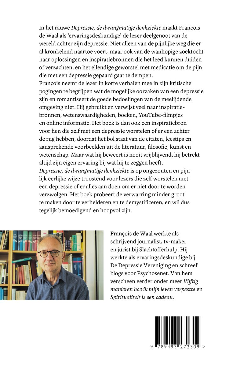 Achterkant van het boek 'Depressie, de dwangmatige denkziekte' met een portret van de auteur François de Waal.