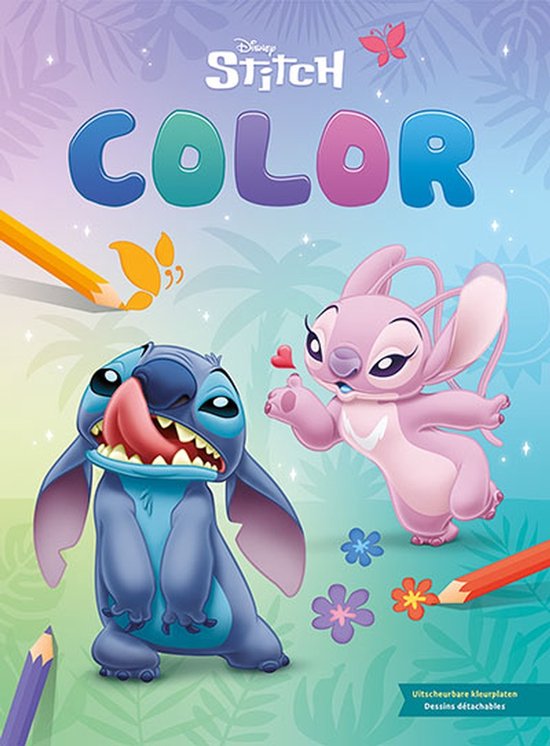 Stitch likt zijn tong uit en Angel houdt een hartje omhoog, omringd door kleurpotloden, vlinders en bloemen op een paarse achtergrond met "Disney Stitch COLOR".