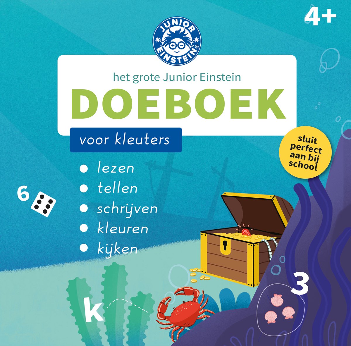 Le grand livre d'activités Junior Einstein pour les tout-petits avec un coffre au trésor, un crabe et des dés.